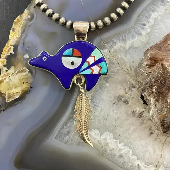Native American Sterling Multistone Zuni Inlay Fetish Bear w/Feather Pendant - Picture 2 of 10